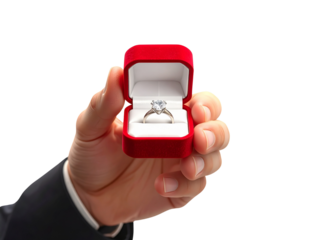 Cinematic merry proposal concept with engagement ring box held forward