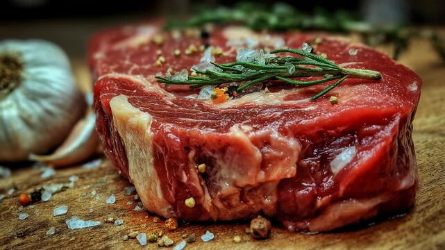 Raw steak with herbs and garlic closeup captured with cinematic atmosphere immersive detail and engaging mood creating a compelling visual narrative perfect for marketing creative campaigns