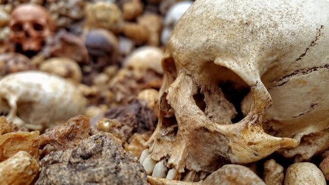 Skulls and bones on ground dramatic scene captured with cinematic atmosphere immersive detail and engaging mood creating a compelling visual narrative perfect for marketing creative campaign