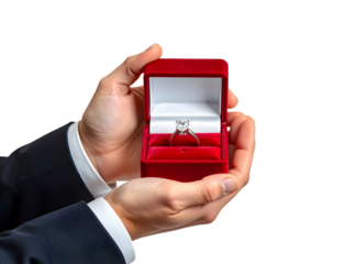 Elegant engagement preparation scene with male hand presenting diamond ring in velvet box