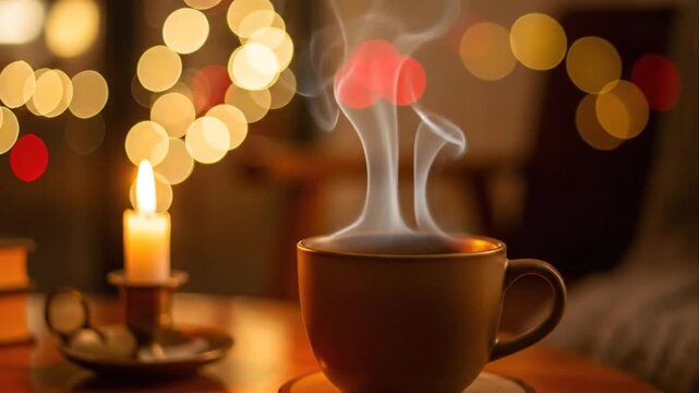Steaming coffee cup with candlelight and bokeh background