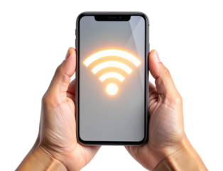 facing smartphone held upright showing a glowing Wi -Fi symbol on the screen