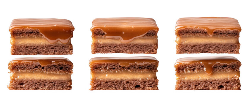 Caramel Layered Dessert Squares on Transparent Background with Golden and Brown Tones and a Tasty Appearance