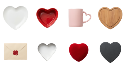 Heart shaped kitchenware set including ceramic plate, bowl, mug, wooden board, envelope seal, cookie cutter, velvet box, and slate tray. Romantic valentines day gift collection.