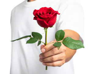 Romantic gesture of giving a red rose for Valentine’s Day