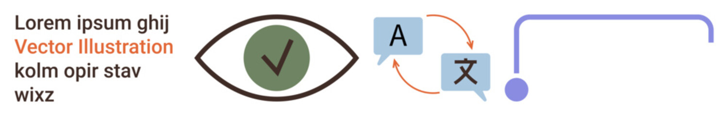 Language translation, communication tools, verification, globalization, cross-cultural exchange, and linguistic services. Eye symbol with a checkmark and language icons. Translation and communication © robu_s