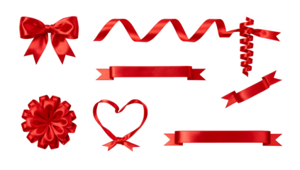 Red satin ribbon set including bows, curled streamers, banners, and heart shape isolated. Gift wrapping and celebration decoration collection.