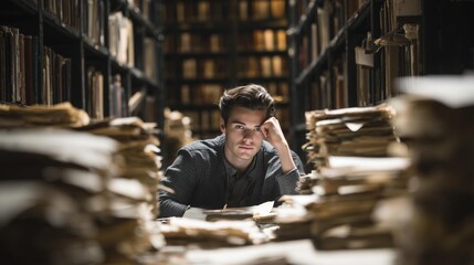 Young man pondering over stacks of papers in a library surrounded by bookshelves
