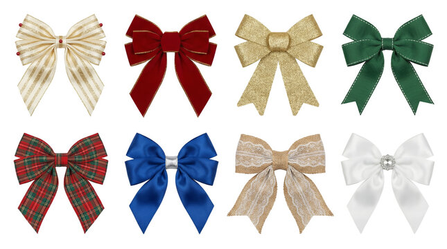 Christmas decorative bow set including velvet, glitter, plaid, and satin styles isolated. Elegant holiday ornament and gift wrapping collection.