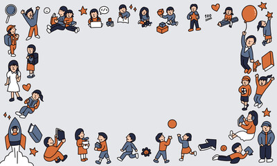 それぞれが好きなことをする子供たち　子どもの個性を尊重する　イラストフレーム　