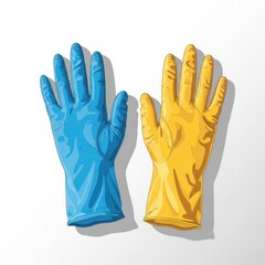 Obraz premium Illustration of two rubber gloves, one blue, one yellow, on a white surface