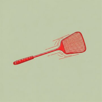 Illustration of a red fly swatter in motion against a muted green backdrop
