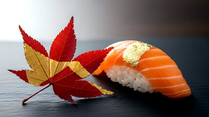 still life, Japanese autumn kintsugi a fragment of a red maple leaf with golden veins (painted) lying next to a piece of salmon nigiri on a slate, the gold leaf 