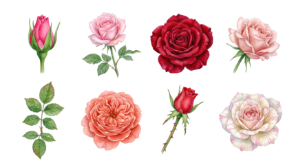 Rose flower set including red, pink, peach, and striped blossoms with buds and leaves isolated. Watercolor floral collection for wedding and garden design.