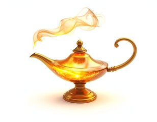 Golden magic lamp with ornate details, smoke emerging from spout