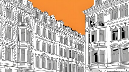 Detailed line art illustration of classic European city buildings with ornate facades and an orange sky.