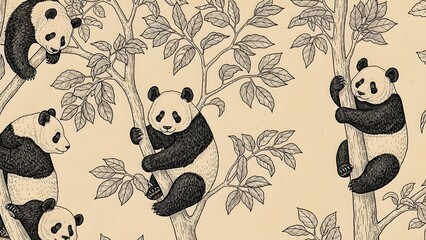 A charming illustration of several pandas climbing and resting in trees, rendered in a detailed, vintage-style drawing on a light background.