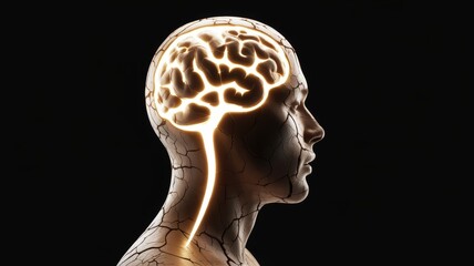 Obraz premium A stylized silhouette of a human head with a luminous brain, symbolizing intellect, thought, and consciousness against a dark background.