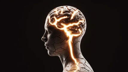 Obraz premium A stylized silhouette of a head with a glowing brain, featuring crackled skin texture and electric-like connections emanating from the brain.