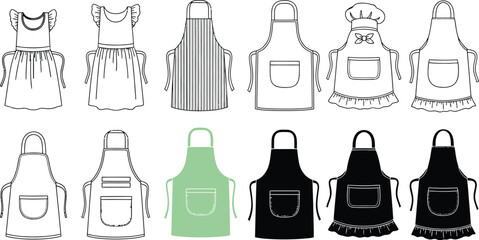 A collection of various aprons and chef hats for cooking and baking purposes