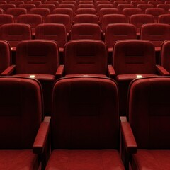 Fototapeta premium Row upon row of empty, plush, red theater seats, awaiting an audience