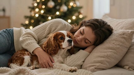 Woman resting with dog on bed near Christmas tree