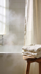 Serene bathroom still life with folded towels, soft steam and daylight, modern interior, Generative AI