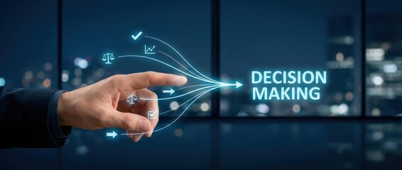 Man's hand navigating decision making process with futuristic icons, illuminated against a blurred cityscape, concept of strategy and leadership.