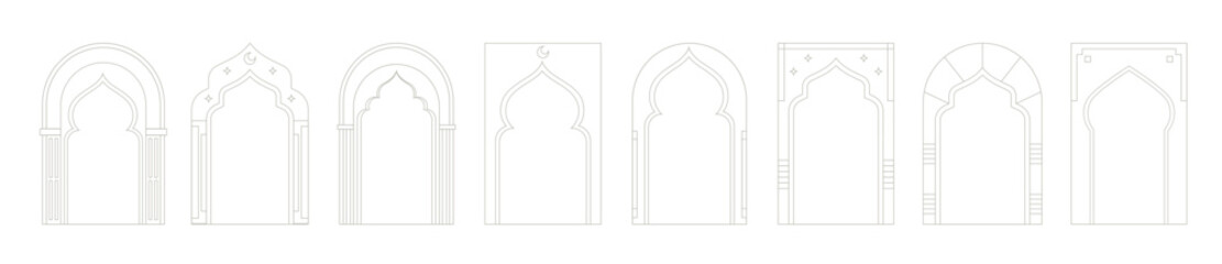 Collection of linear Islamic windows, mosque doors, frames and arches. Minimal golden Arabic oriental style elements for Ramadan Kareem and Eid Mubarak.