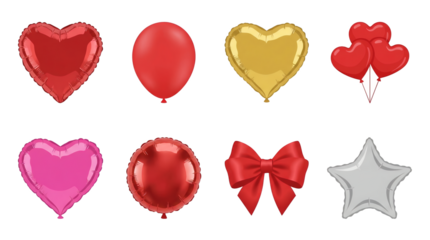 Valentine's day balloon set including heart, round, star shapes and red bow isolated. Romantic party and celebration decoration collection.