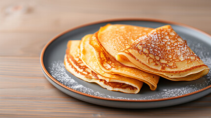 Delicious golden crepes dusted with powdered sugar on a dark plate