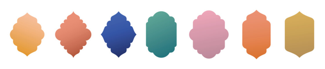 Collection of linear Islamic windows, mosque doors, frames and arches. Minimal golden Arabic oriental style elements for Ramadan Kareem and Eid Mubarak.