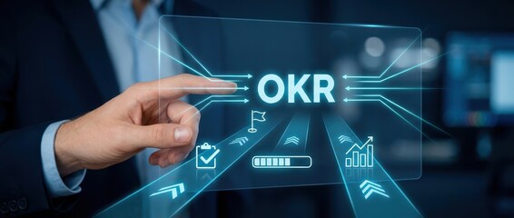 OKR - Objectives and Key Results: Hand Touching Interactive Screen with OKR Concept