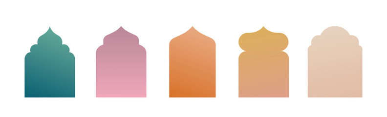 Collection of linear Islamic windows, mosque doors, frames and arches. Minimal golden Arabic oriental style elements for Ramadan Kareem and Eid Mubarak.