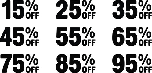 A collection of percentage off numbers ranging from 15% to 95% for various sales offers