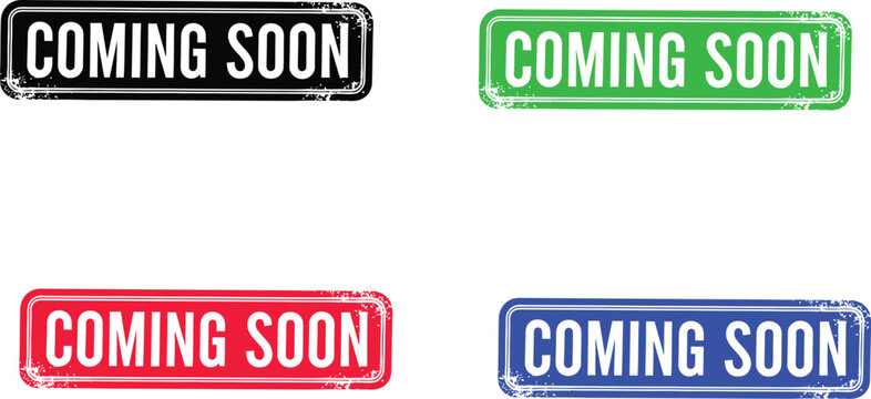 A set of coming soon stamps in red, black, and white on a plain background