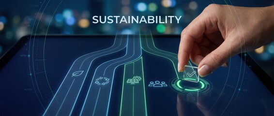 Sustainability Concept: Hand Placing Check Mark on Digital Display