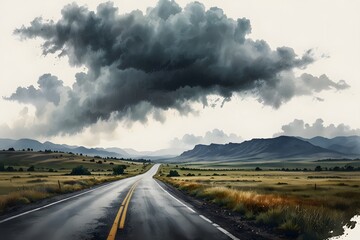 Road winding across a plateau under stormy skies