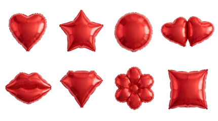 Red foil balloon set including heart, star, circle, lips, diamond, flower, and square shapes isolated. Decorative party and celebration collection.