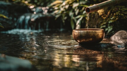 Brass Singing Bowl with Water Pouring in Natural Stream