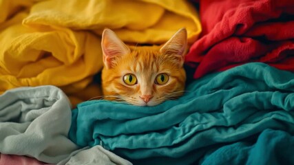 A curious orange cat peeking from colorful laundry. Delightful and playful feline moments captured. Perfect for cat lovers and pet enthusiasts. Generative AI