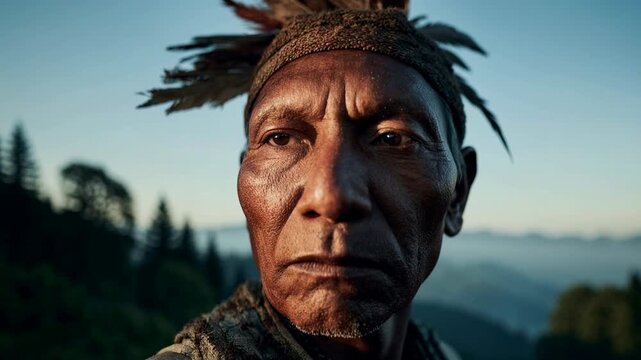 A close portrait of an indigenous man in natural light expressing heritage strength wisdom culture and powerful human presence
