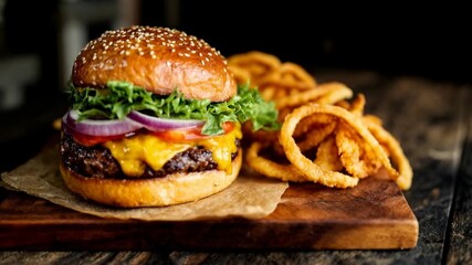 Gourmet burger plated with fried sides captured in warm lighting creating an irresistible food moment ideal for culinary branding restaurant advertising and high impact promotional storytelling