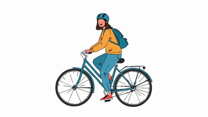 Naklejka premium A person rides a blue bicycle, wearing a yellow top, blue pants, a blue helmet, and a blue backpack