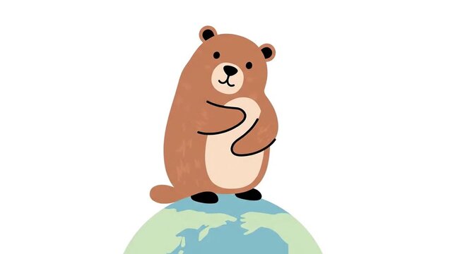 Cartoon groundhog on globe pointing at directional world view illustration