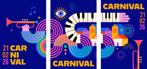 Colorful carnival and music festival vertical poster set with abstract musical instruments © Marina Zlochin