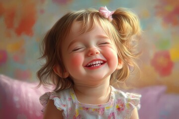 Cute baby girl laughing joyfully in a bright, colorful bedroom filled with soft cushions and cheerful decorations during daytime playtime