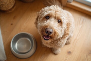 Cute Goldendoodle Dog by Empty Food Bowl