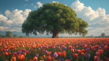 Serene countryside scene with large tree colorful flowers and soft bokeh sky background