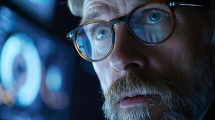 Business analyst examines intricate data visualizations on a contemporary desktop computer screen